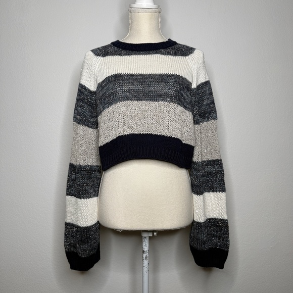 Brunello Cucinelli Sweaters - Brunello Cucinelli Cropped Striped Sweater Blue White Metallic Knit Size S